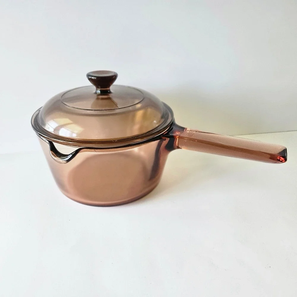 Vtg Corning Vision Ware 1 Liter Sauce Pot  with Lid Amber Glass